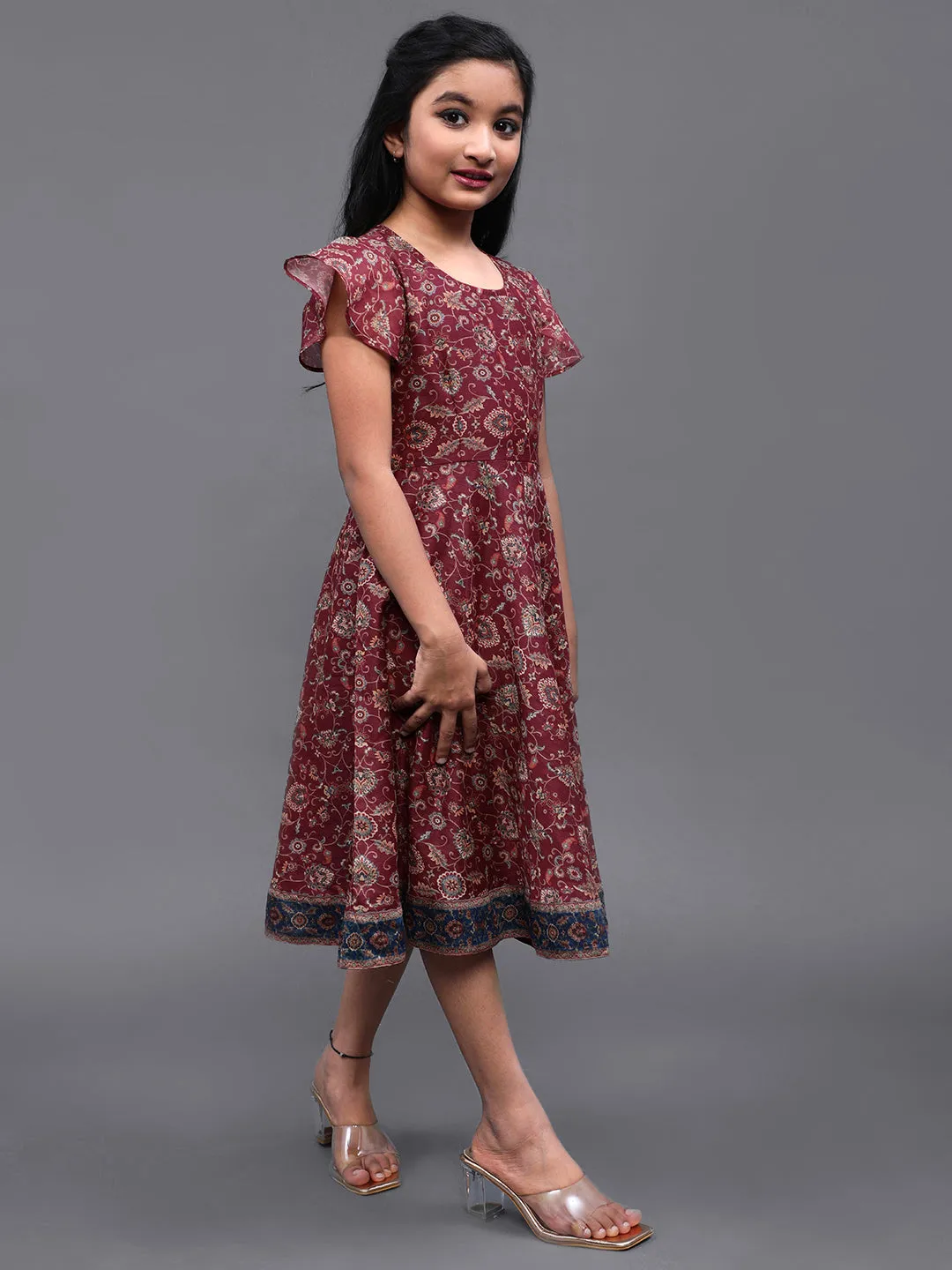 Girl's Burgundy Chanderi Floral Printed Flared Dress - Aks Girls