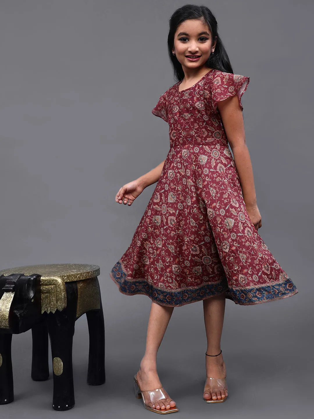 Girl's Burgundy Chanderi Floral Printed Flared Dress - Aks Girls