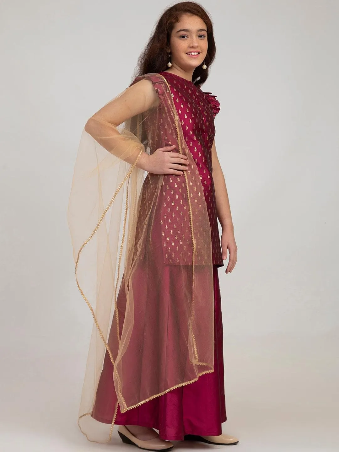 Girl's Burgundy Embroidered Kurta with Sharara & With Dupatta - NOZ2TOZ KIDS