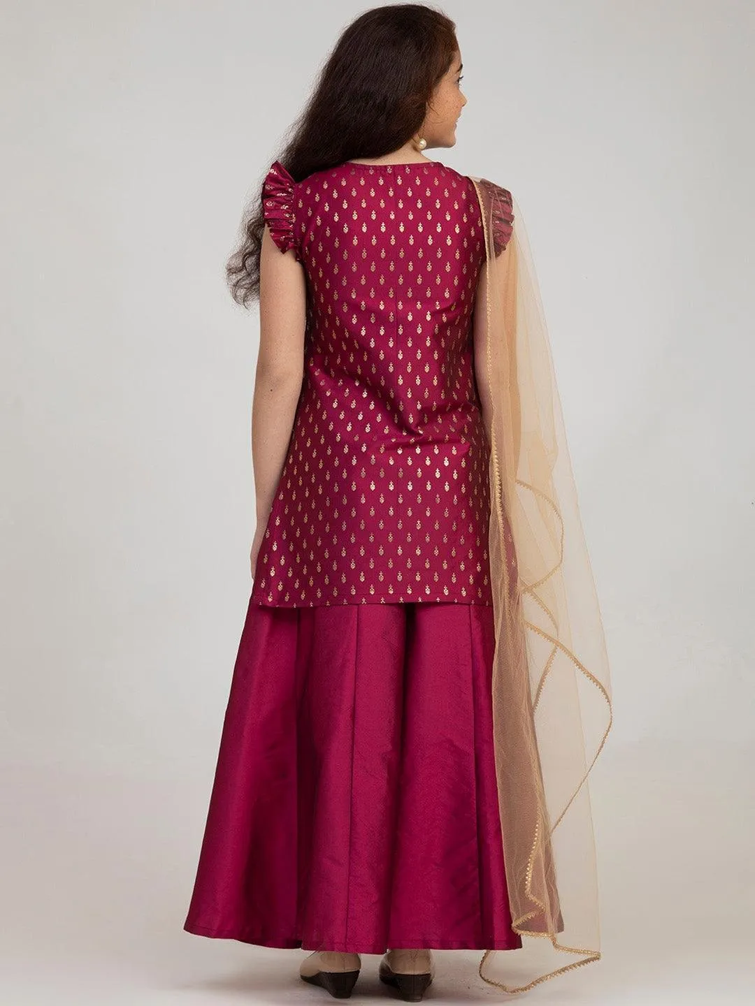 Girl's Burgundy Embroidered Kurta with Sharara & With Dupatta - NOZ2TOZ KIDS