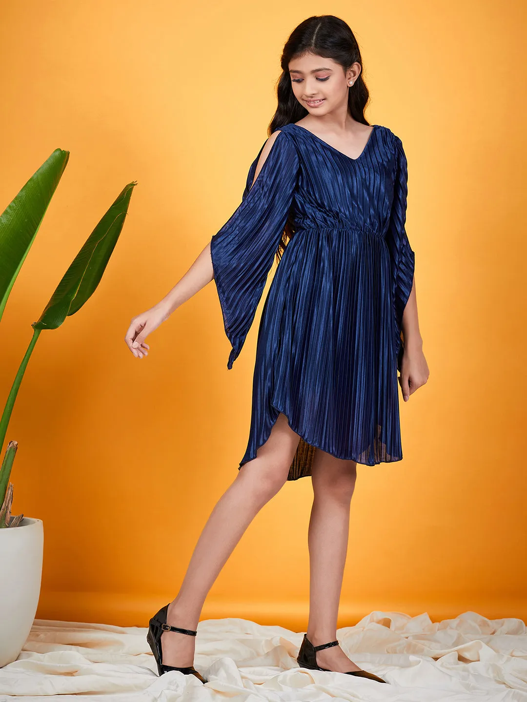 Girls Self Design Slit Sleeves Accordion Pleated Satin Fit Flare Dress - Ps Peaches