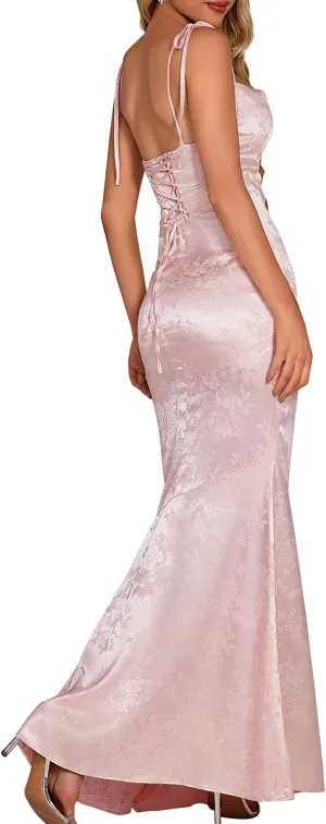 GLNEGE Women's Satin Bodycon Maxi Dress Elegant Formal Spaghetti Strap Cowl Neck Evening Party Dresses