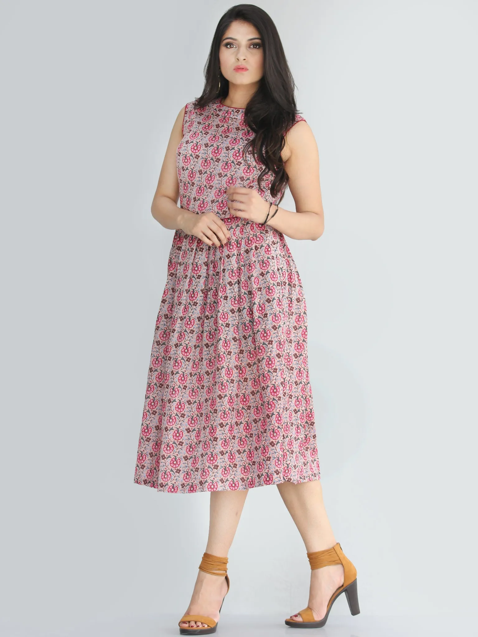 Gulinar - Block Printed Sleeveless Cotton Dress With Stand Collars and Knife Pleats- D72F1872