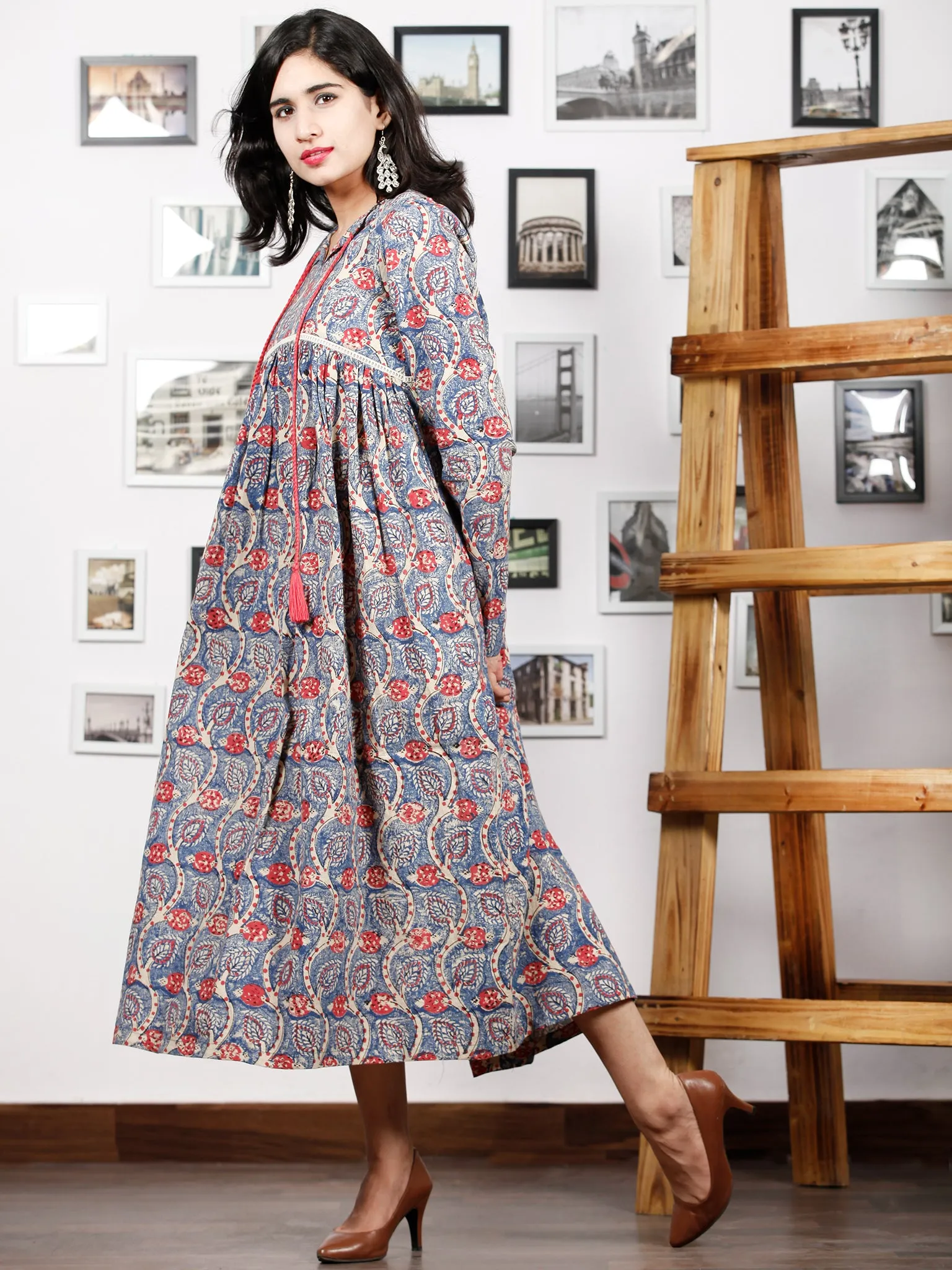 Indigo Beige Coral Hand Block Printed Cotton Dress With Full Sleeves - D270F1379