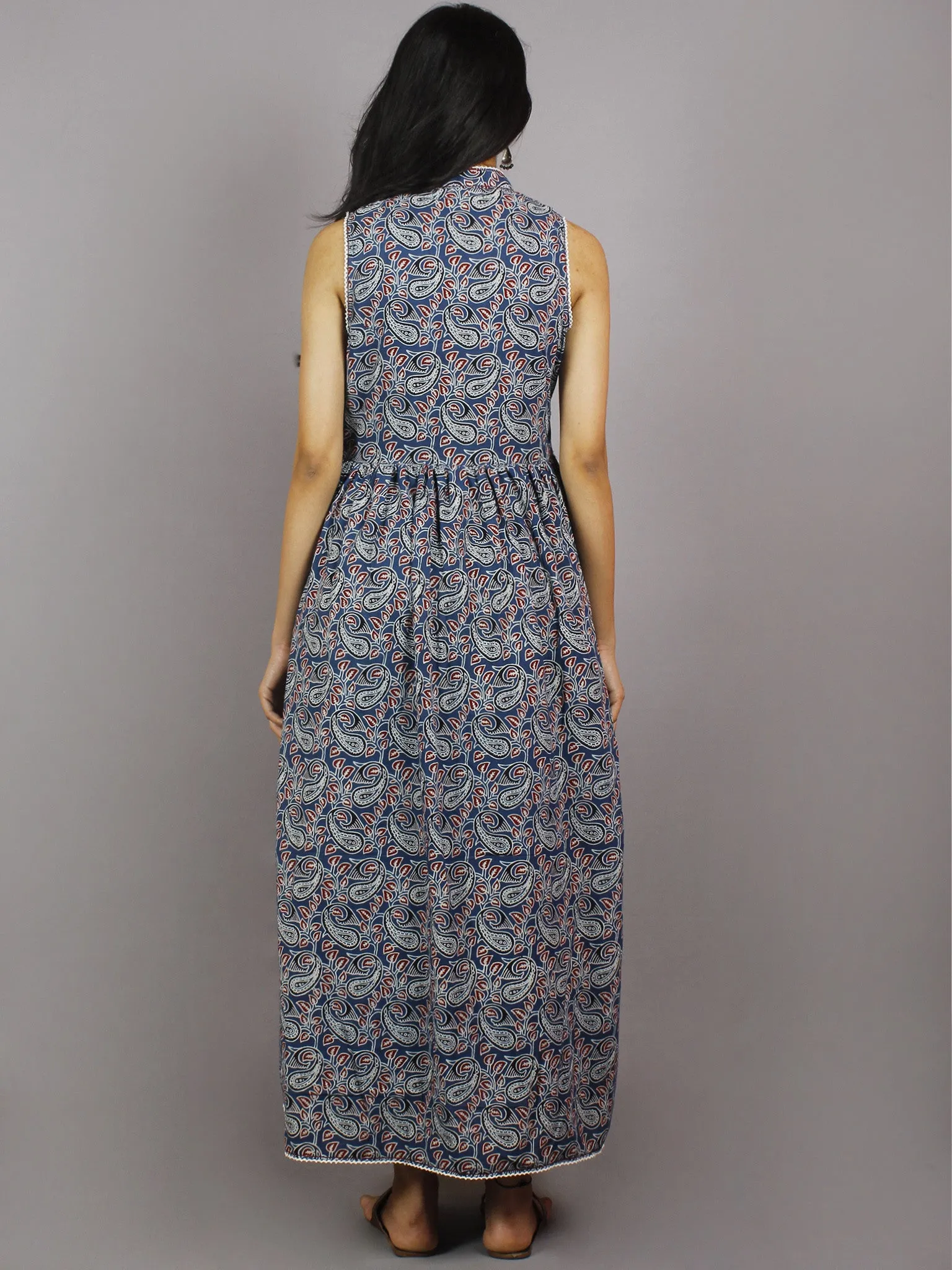 Indigo Red Black Ivory Long Sleeveless Ajrakh Printed Cotton Dress With Pleats & Side Pockets - D3348301