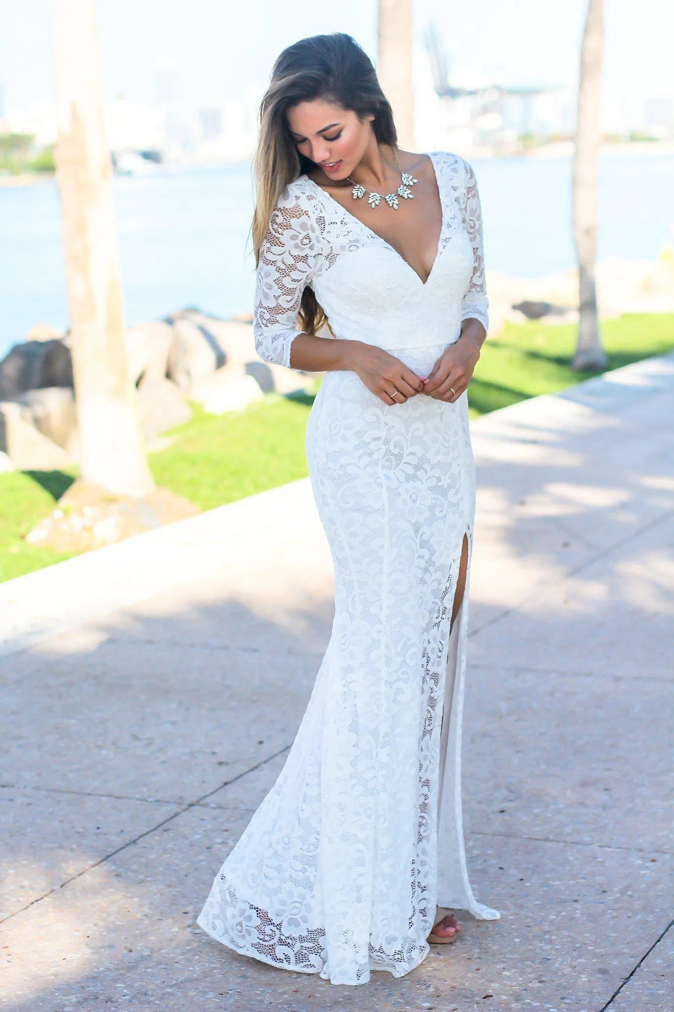 Ivory Maxi Dress with 3/4 Sleeves