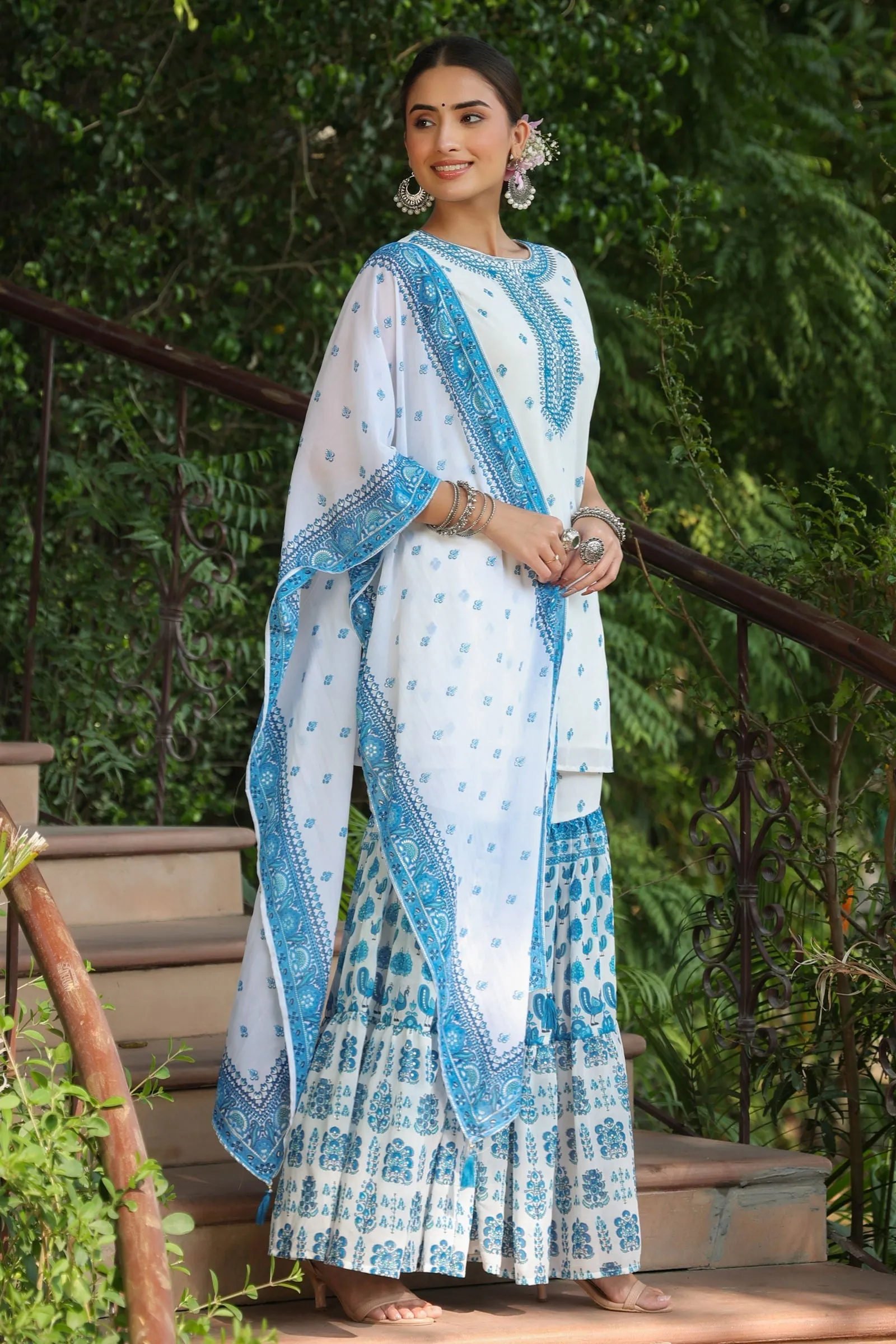 Jashvi Blue Ethnic Motif Printed Georgette Kurta Sharara & Dupatta Set With Thread Work Embroidery