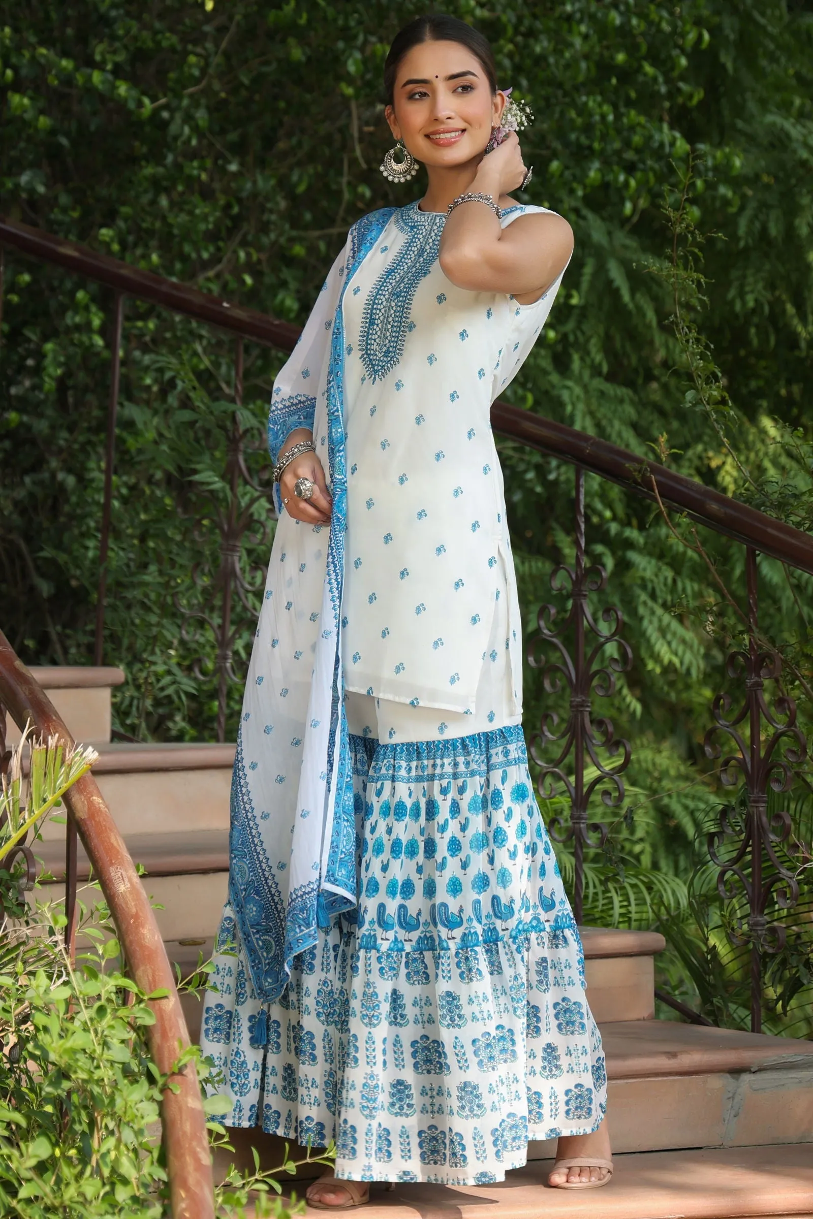 Jashvi Blue Ethnic Motif Printed Georgette Kurta Sharara & Dupatta Set With Thread Work Embroidery