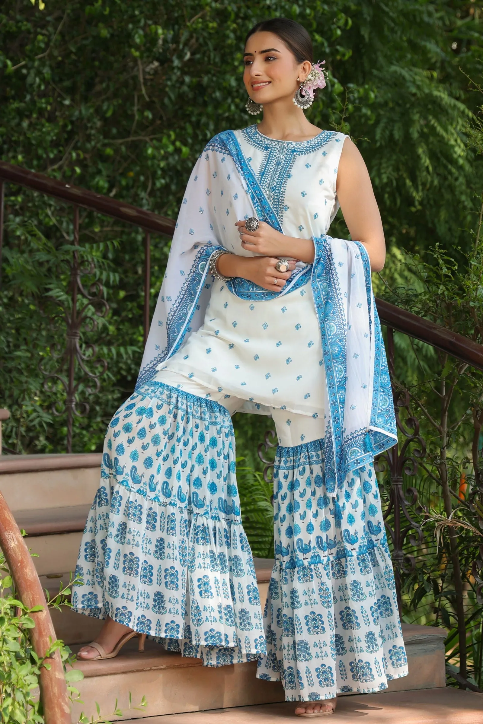 Jashvi Blue Ethnic Motif Printed Georgette Kurta Sharara & Dupatta Set With Thread Work Embroidery