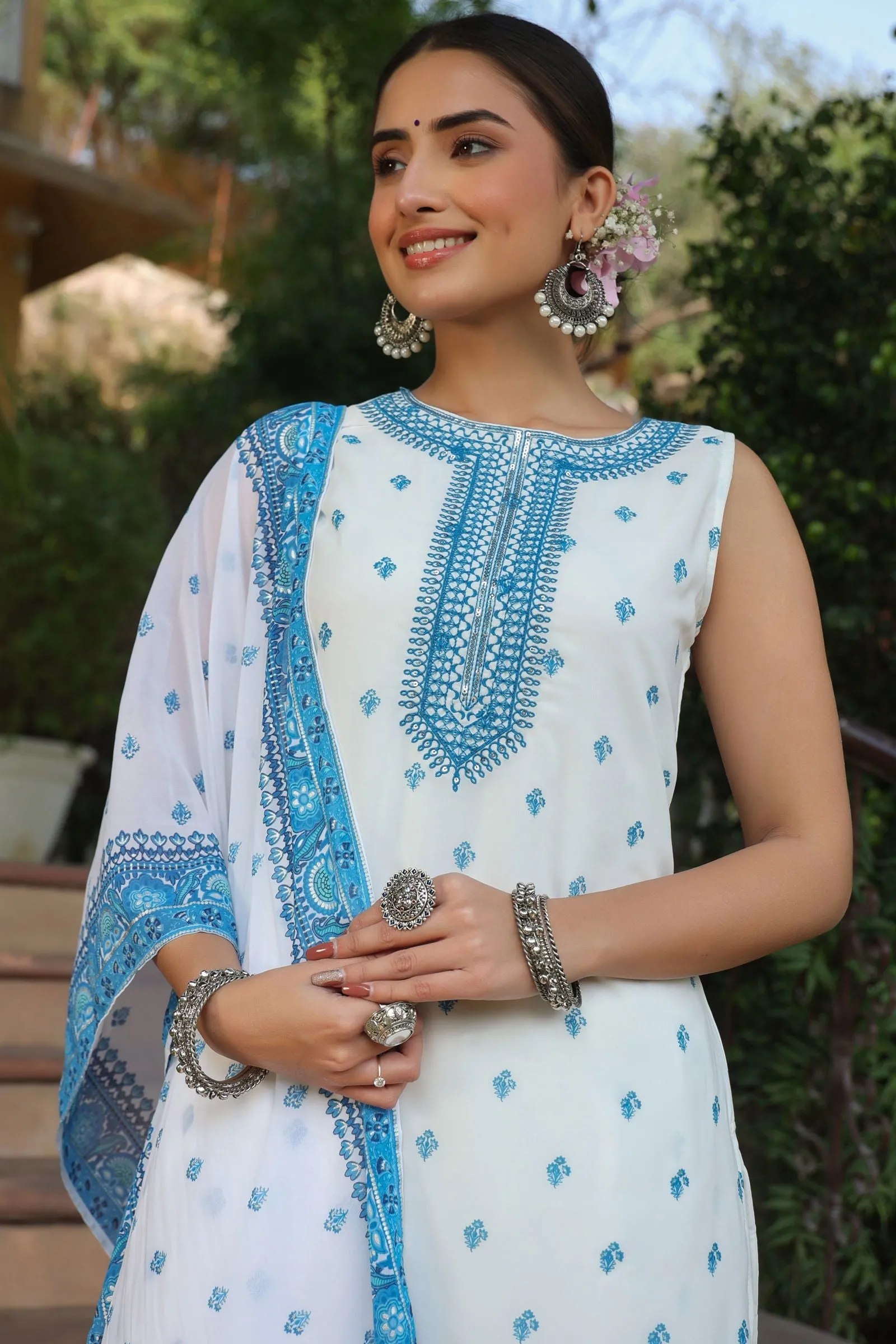 Jashvi Blue Ethnic Motif Printed Georgette Kurta Sharara & Dupatta Set With Thread Work Embroidery