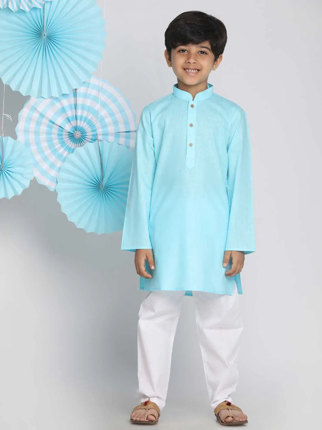 Jashvi Boys Aqua And White Kurta Pyjama Set