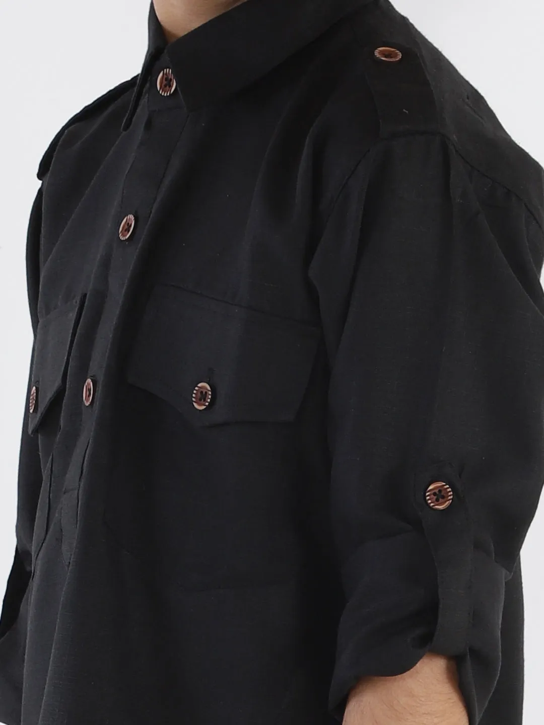 Jashvi Boy's Black Cotton Blend Pathani Suit Set
