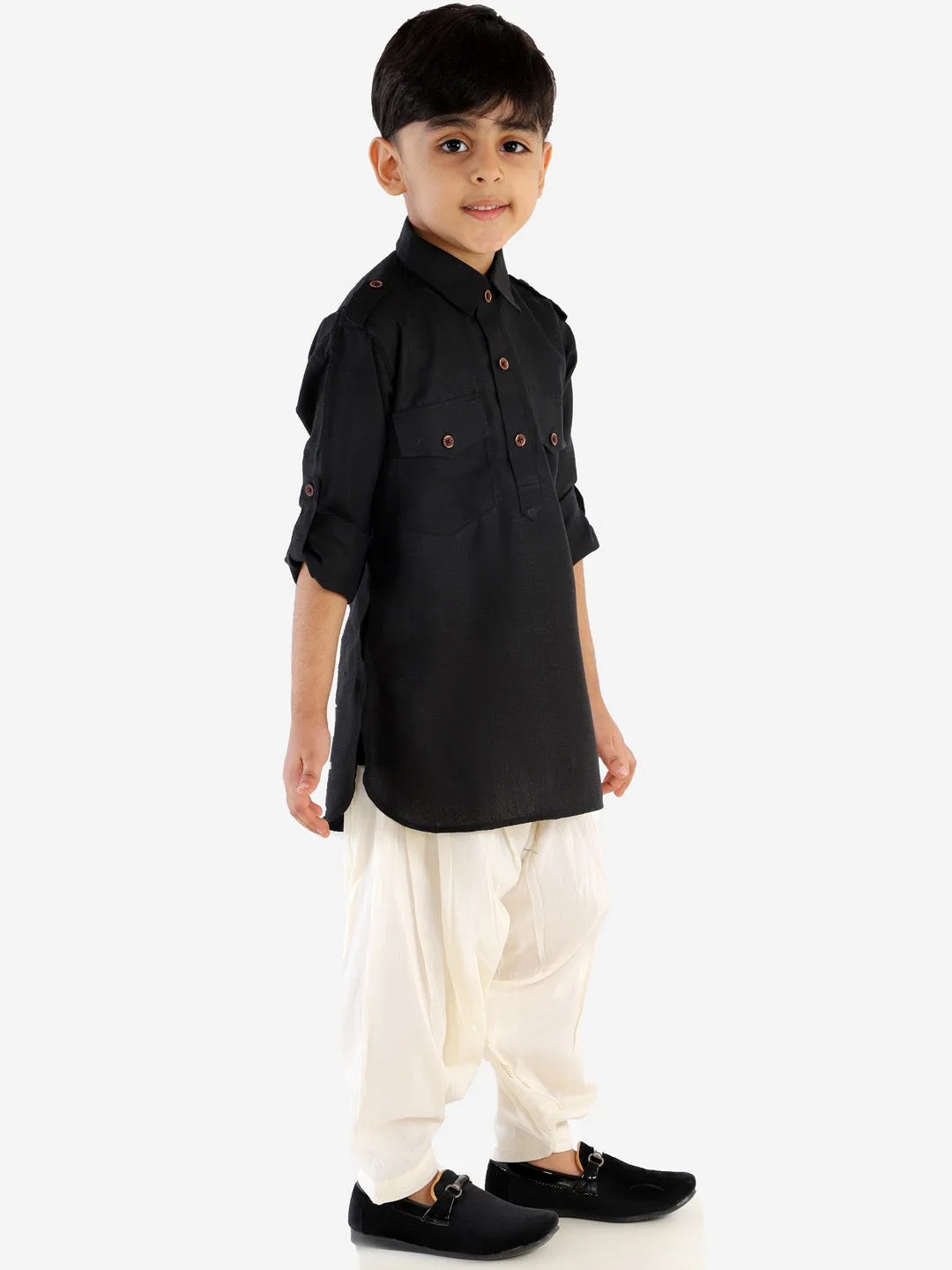 Jashvi Boy's Black Cotton Blend Pathani Suit Set