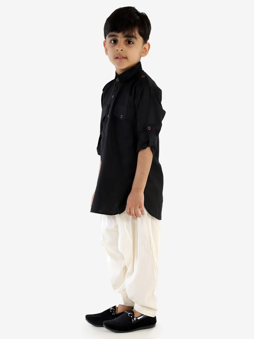 Jashvi Boy's Black Cotton Blend Pathani Suit Set