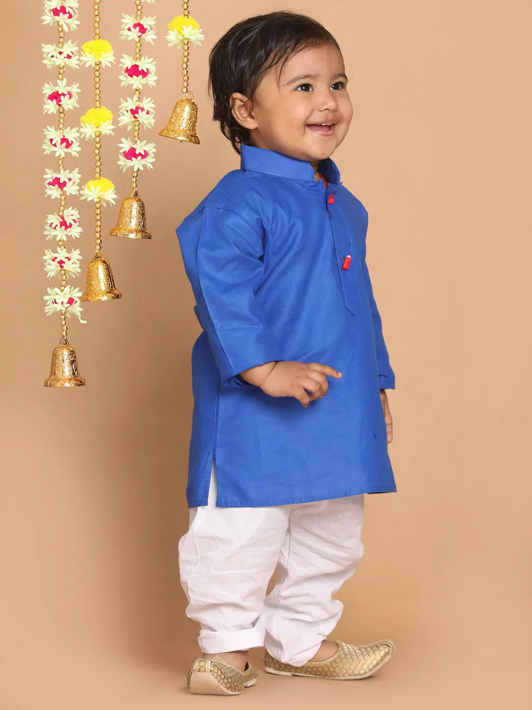 Jashvi Boy's Blue Kurta With White Pyjama Set