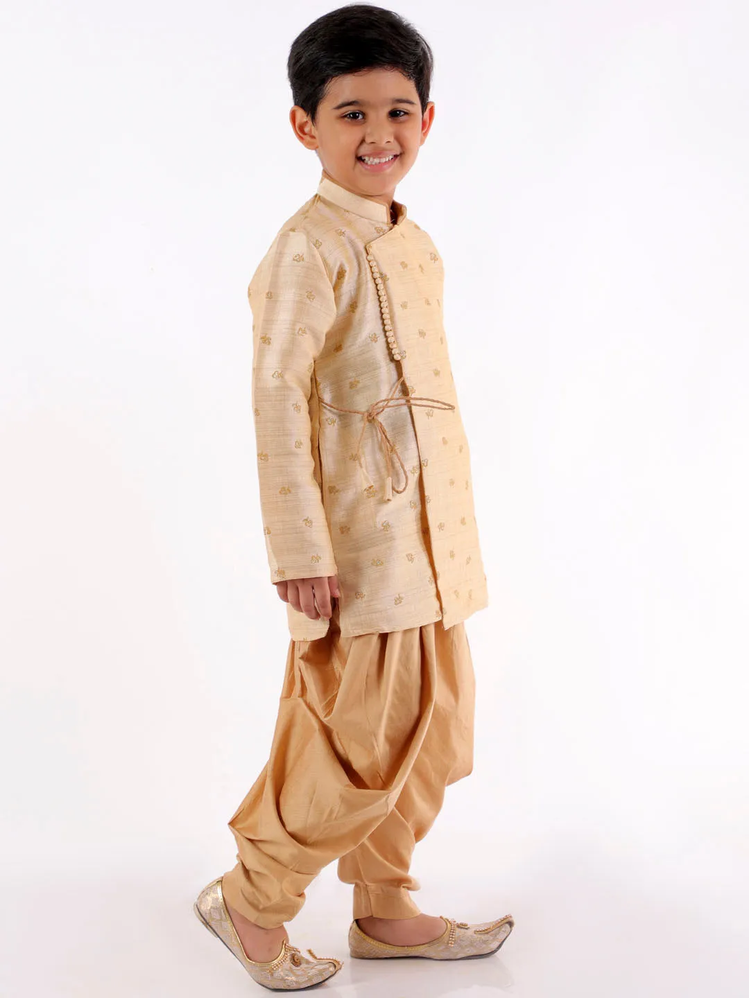 Jashvi Boys' Cream Angrakha Woven Kurta With Rosegold Dhoti Pant Set