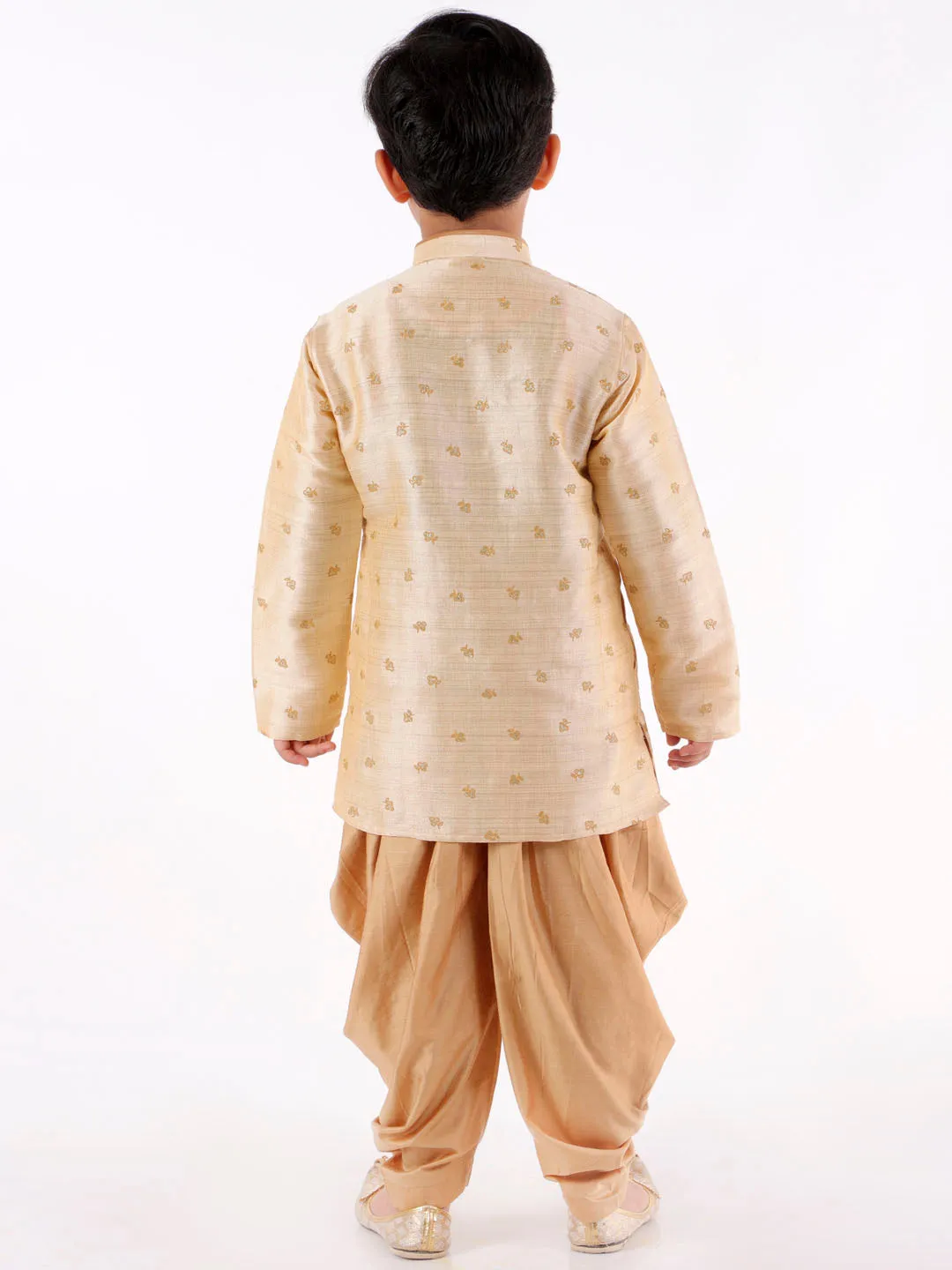 Jashvi Boys' Cream Angrakha Woven Kurta With Rosegold Dhoti Pant Set