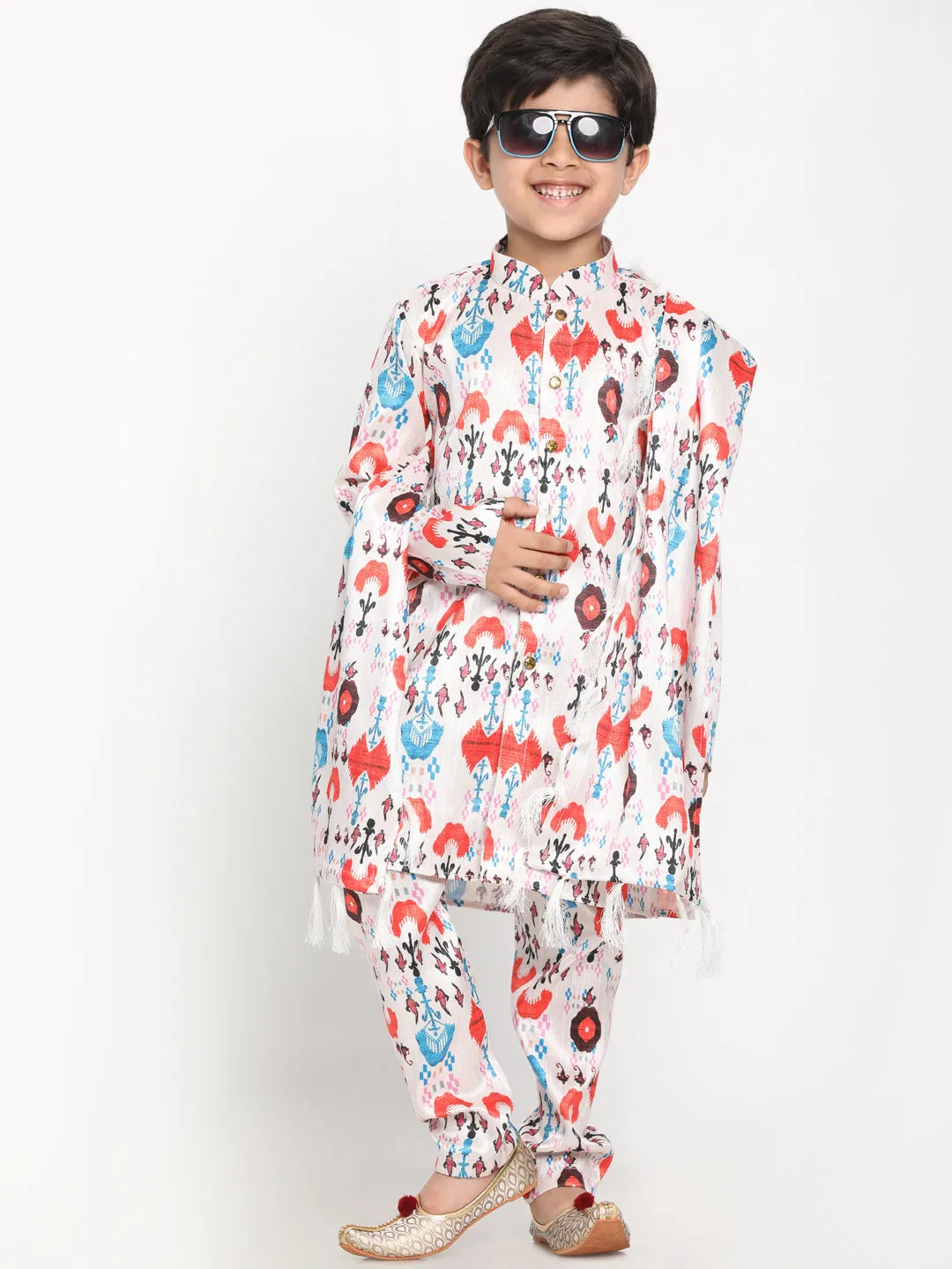 Jashvi Boy's Digital Printed Silk Blend Kurta, Pyjama & Dupatta Set