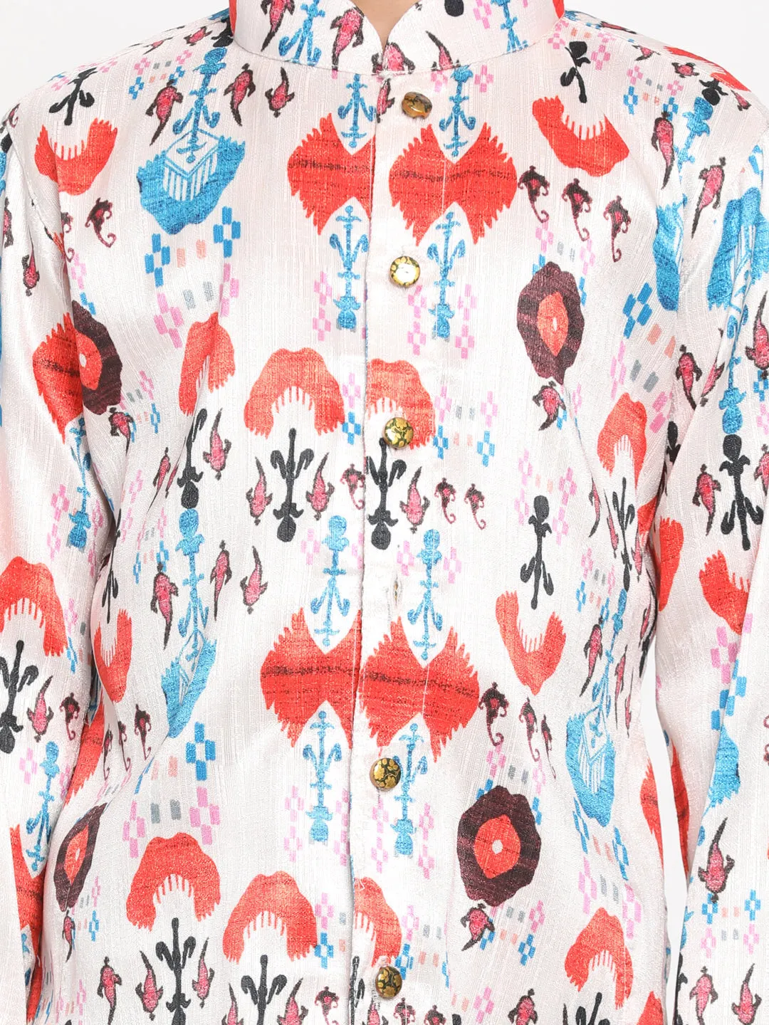 Jashvi Boy's Digital Printed Silk Blend Kurta, Pyjama & Dupatta Set