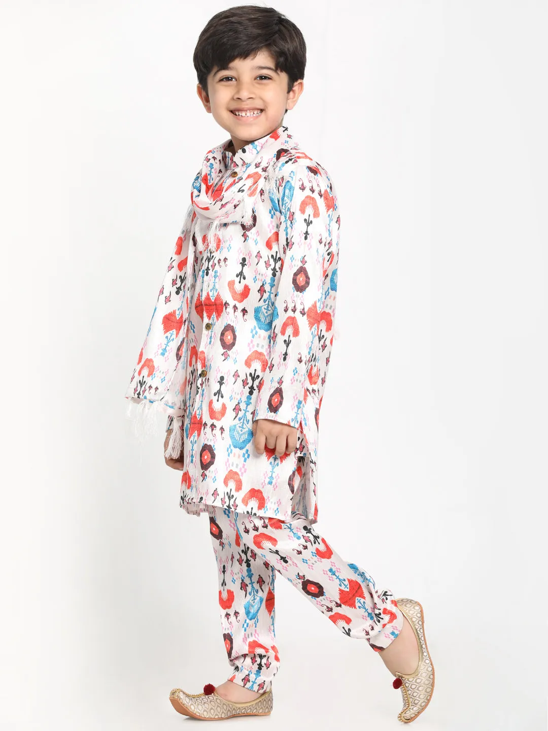 Jashvi Boy's Digital Printed Silk Blend Kurta, Pyjama & Dupatta Set