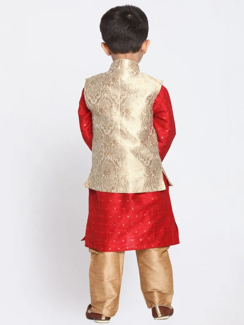 Jashvi Boys Gold Cotton Silk Blend Kurta, Waistcoat and Pyjama Set