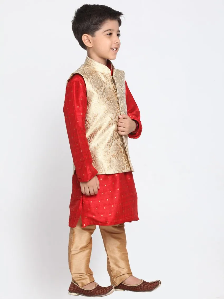 Jashvi Boys Gold Cotton Silk Blend Kurta, Waistcoat and Pyjama Set