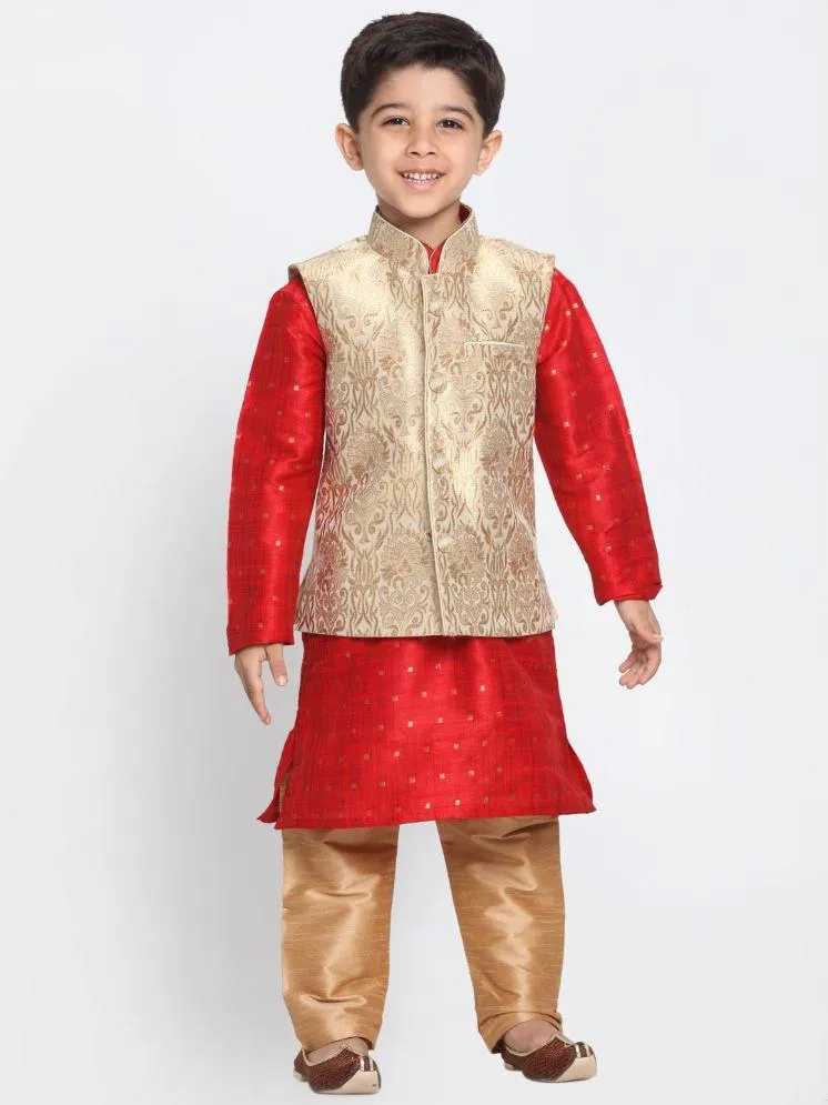 Jashvi Boys Gold Cotton Silk Blend Kurta, Waistcoat and Pyjama Set