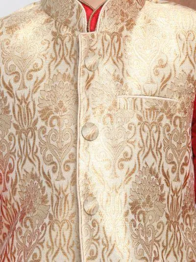 Jashvi Boys Gold Cotton Silk Blend Kurta, Waistcoat and Pyjama Set