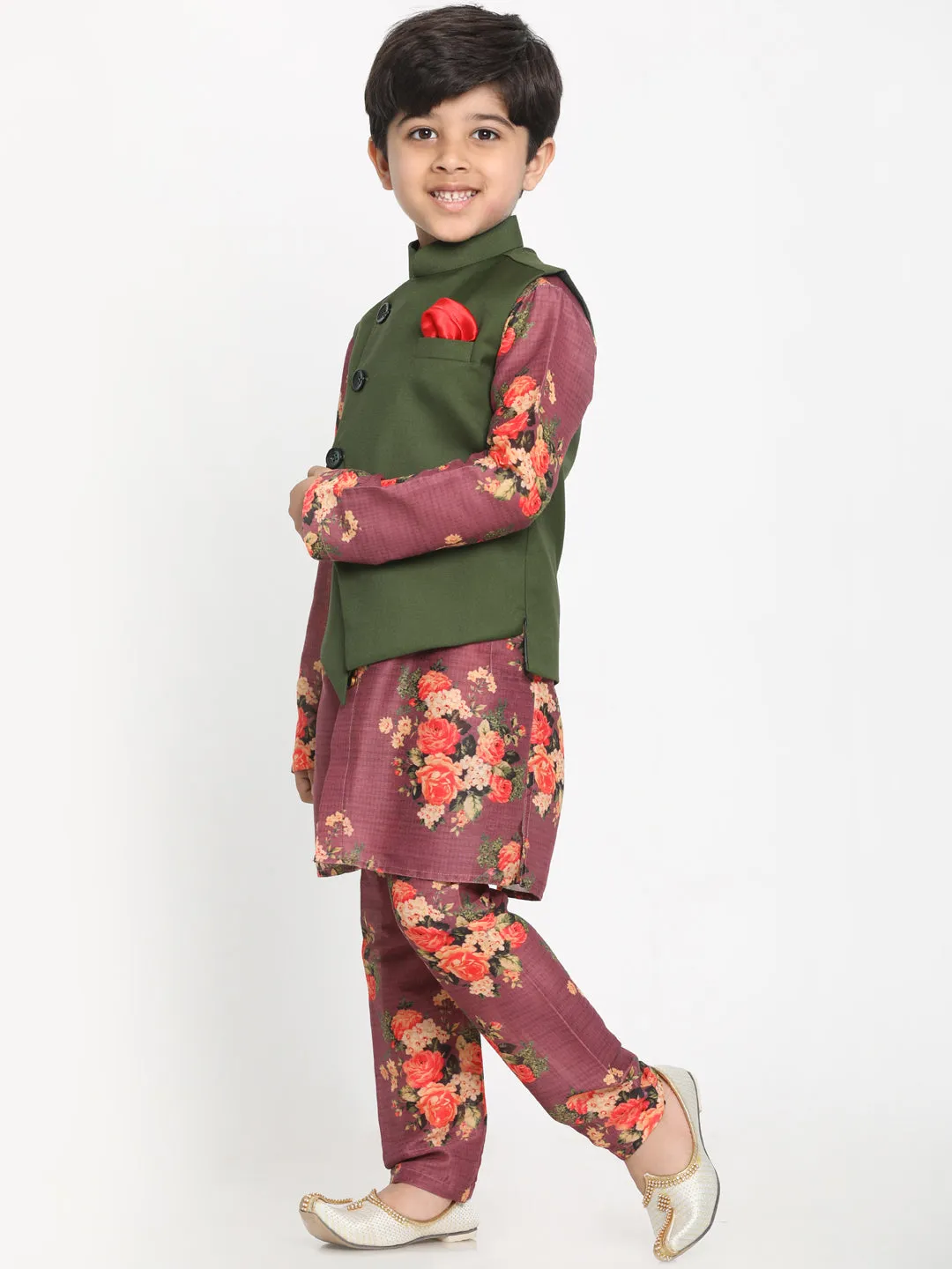 Jashvi Boy's Green Twill Jacket, Printed Kurta and Pyjama Set