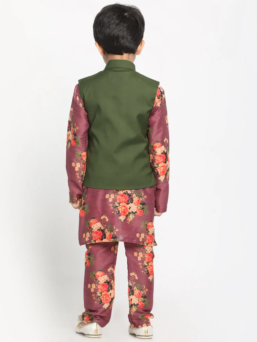 Jashvi Boy's Green Twill Jacket, Printed Kurta and Pyjama Set