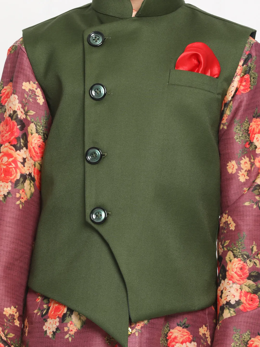 Jashvi Boy's Green Twill Jacket, Printed Kurta and Pyjama Set