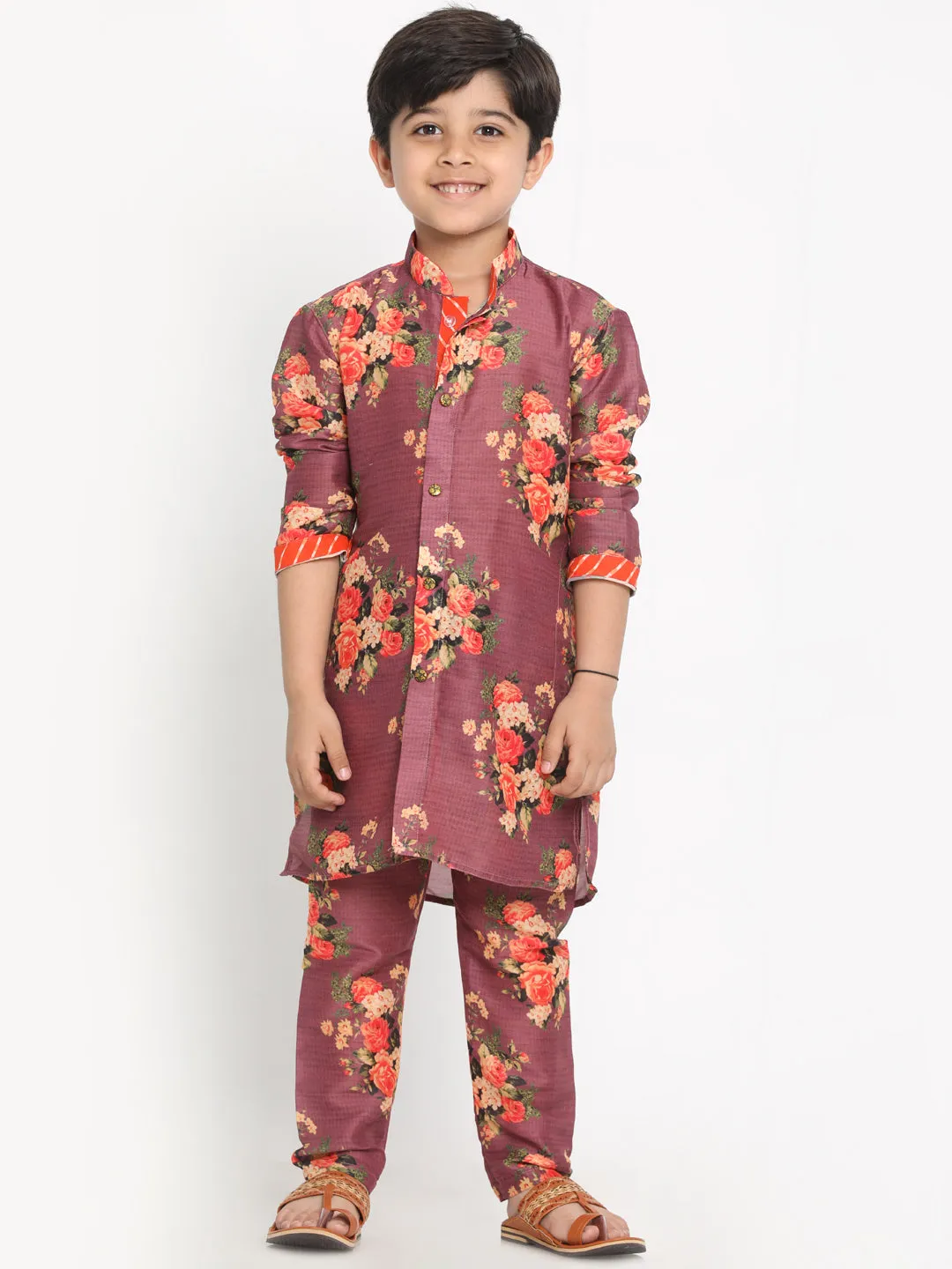 Jashvi Boy's Green Twill Jacket, Printed Kurta and Pyjama Set