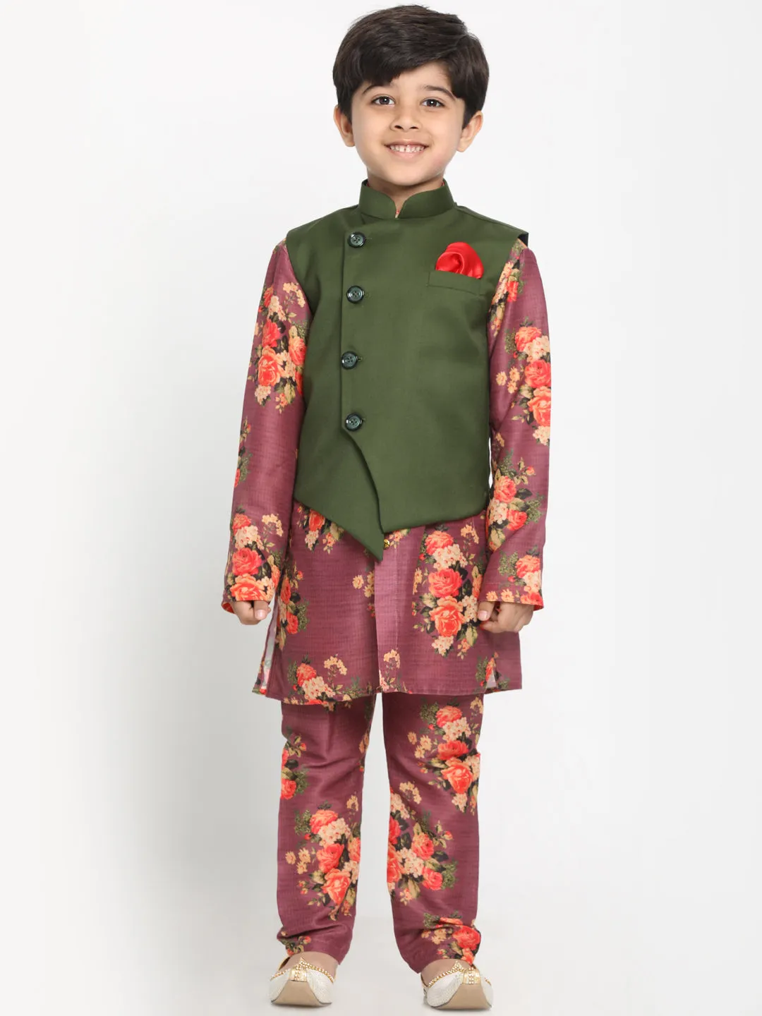 Jashvi Boy's Green Twill Jacket, Printed Kurta and Pyjama Set