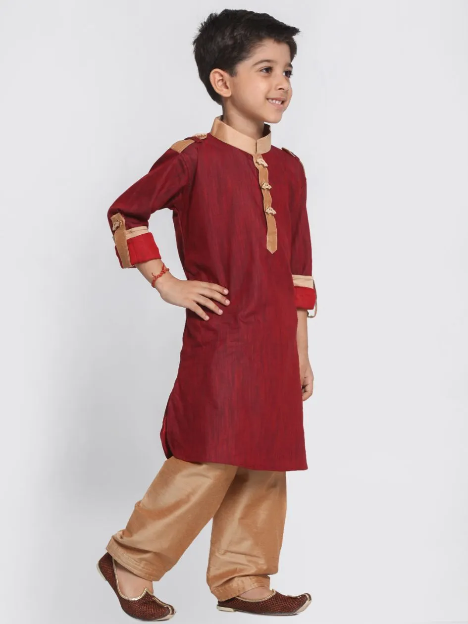 Jashvi Boy's Maroon Cotton Pathani Suit