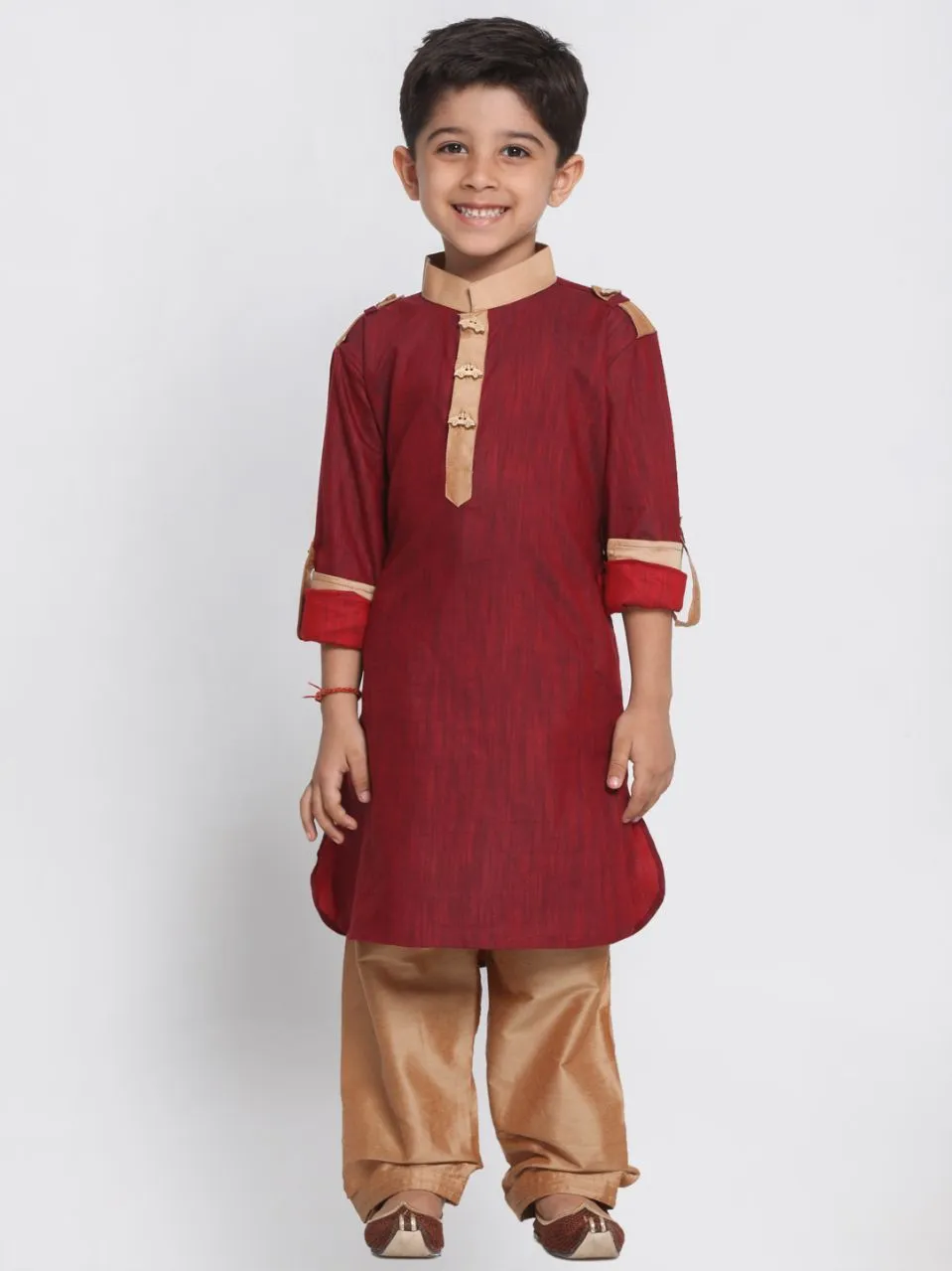 Jashvi Boy's Maroon Cotton Pathani Suit