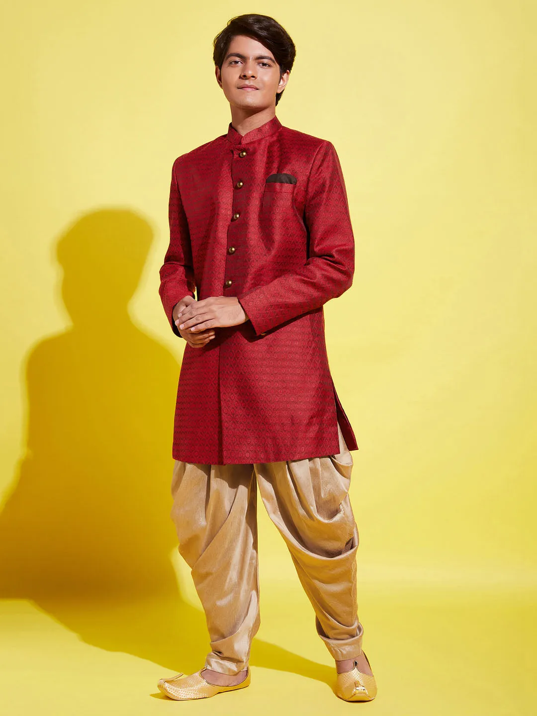 Jashvi Boys Maroon Indo Western Jacquard Sherwani and Dhoti Pant Set