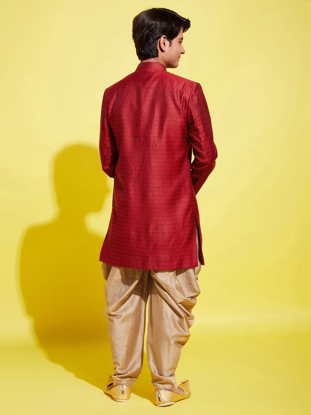 Jashvi Boys Maroon Indo Western Jacquard Sherwani and Dhoti Pant Set