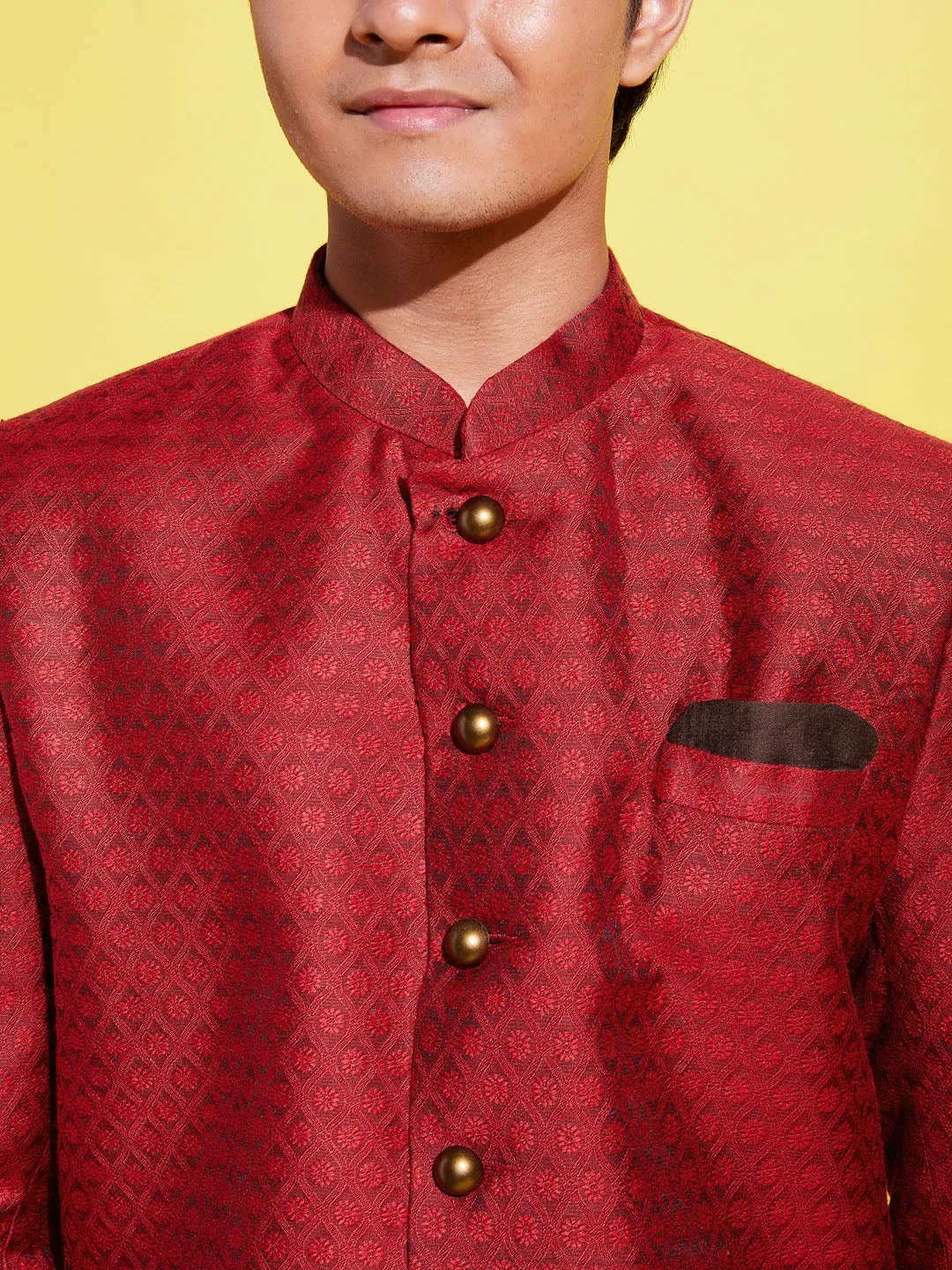 Jashvi Boys Maroon Indo Western Jacquard Sherwani and Dhoti Pant Set