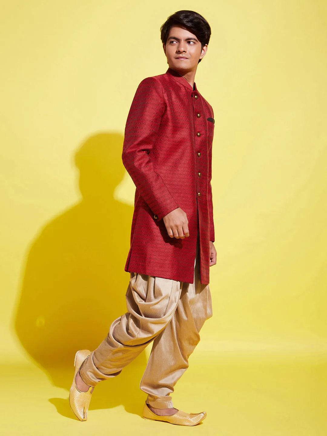 Jashvi Boys Maroon Indo Western Jacquard Sherwani and Dhoti Pant Set