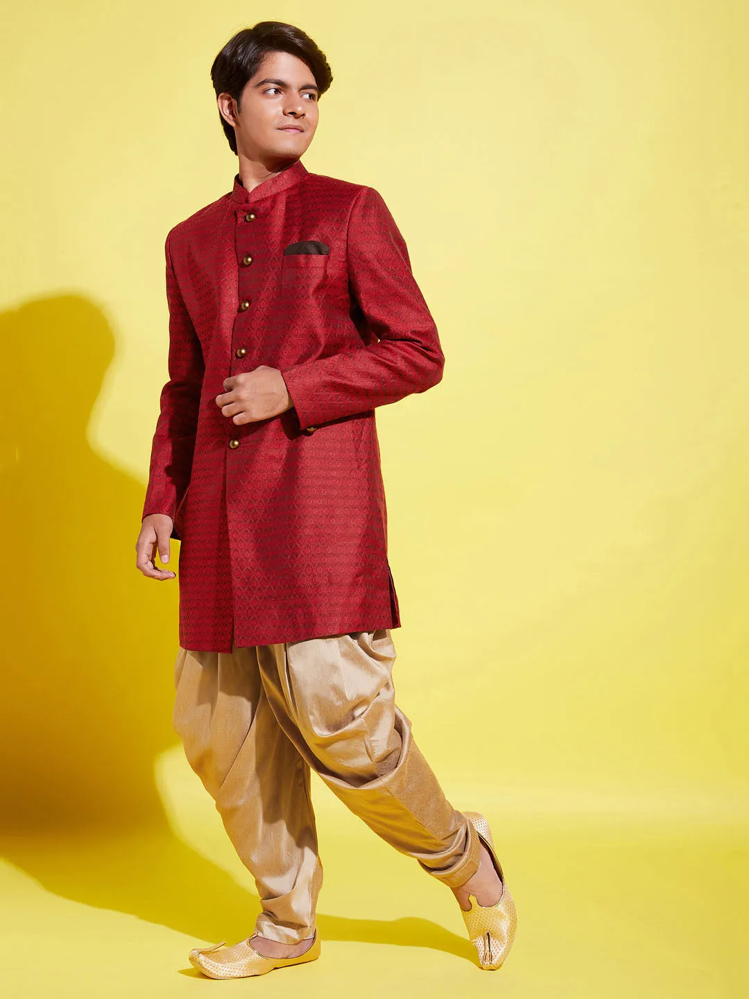 Jashvi Boys Maroon Indo Western Jacquard Sherwani and Dhoti Pant Set