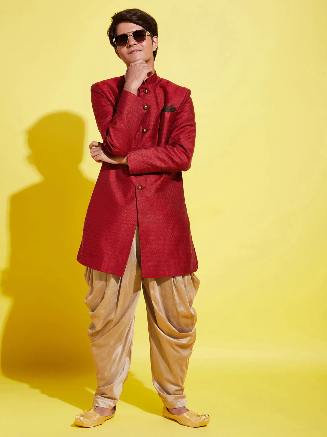 Jashvi Boys Maroon Indo Western Jacquard Sherwani and Dhoti Pant Set