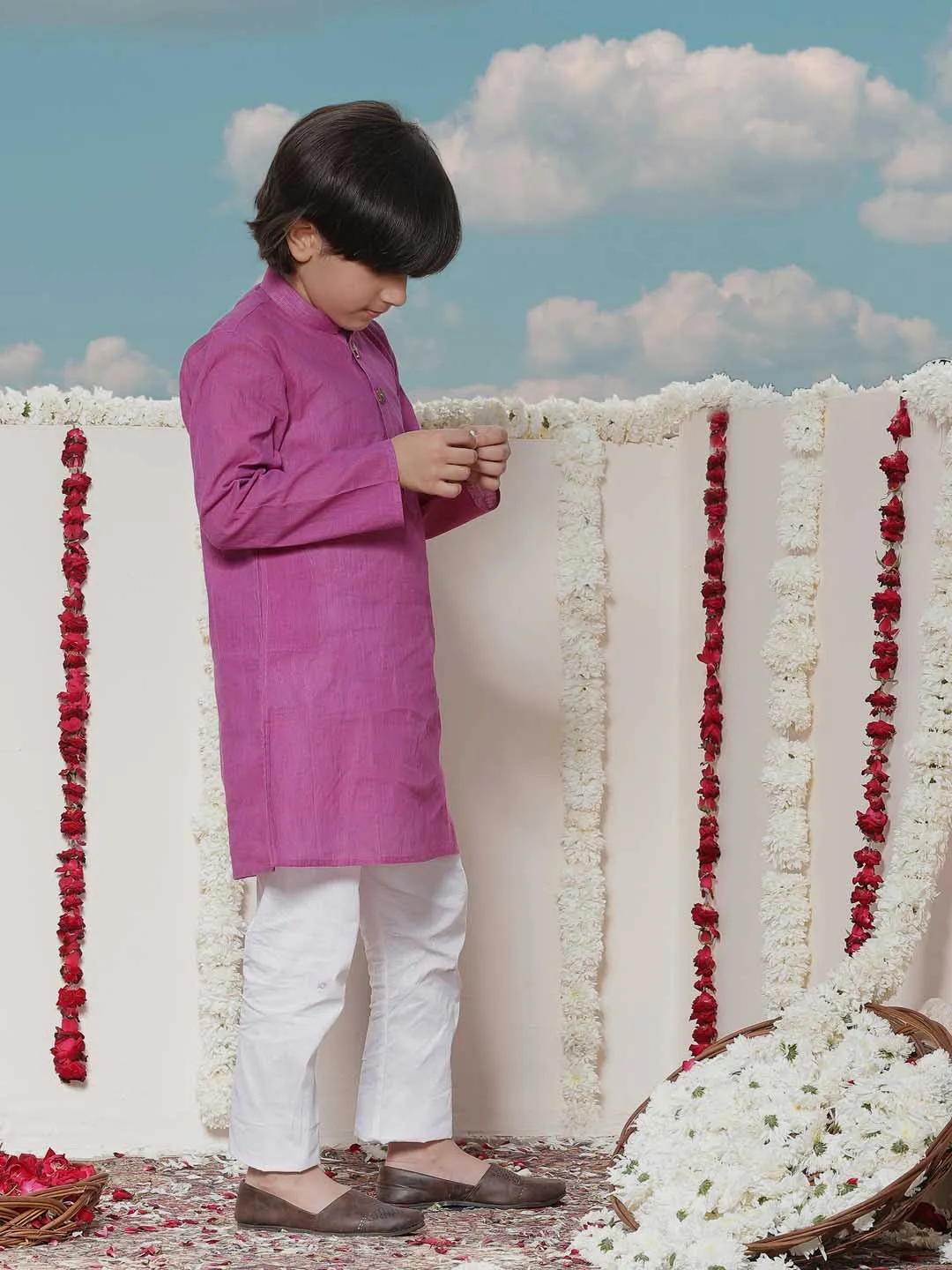 Jashvi Boy's Purple Cotton Kurta and Pyjama Set
