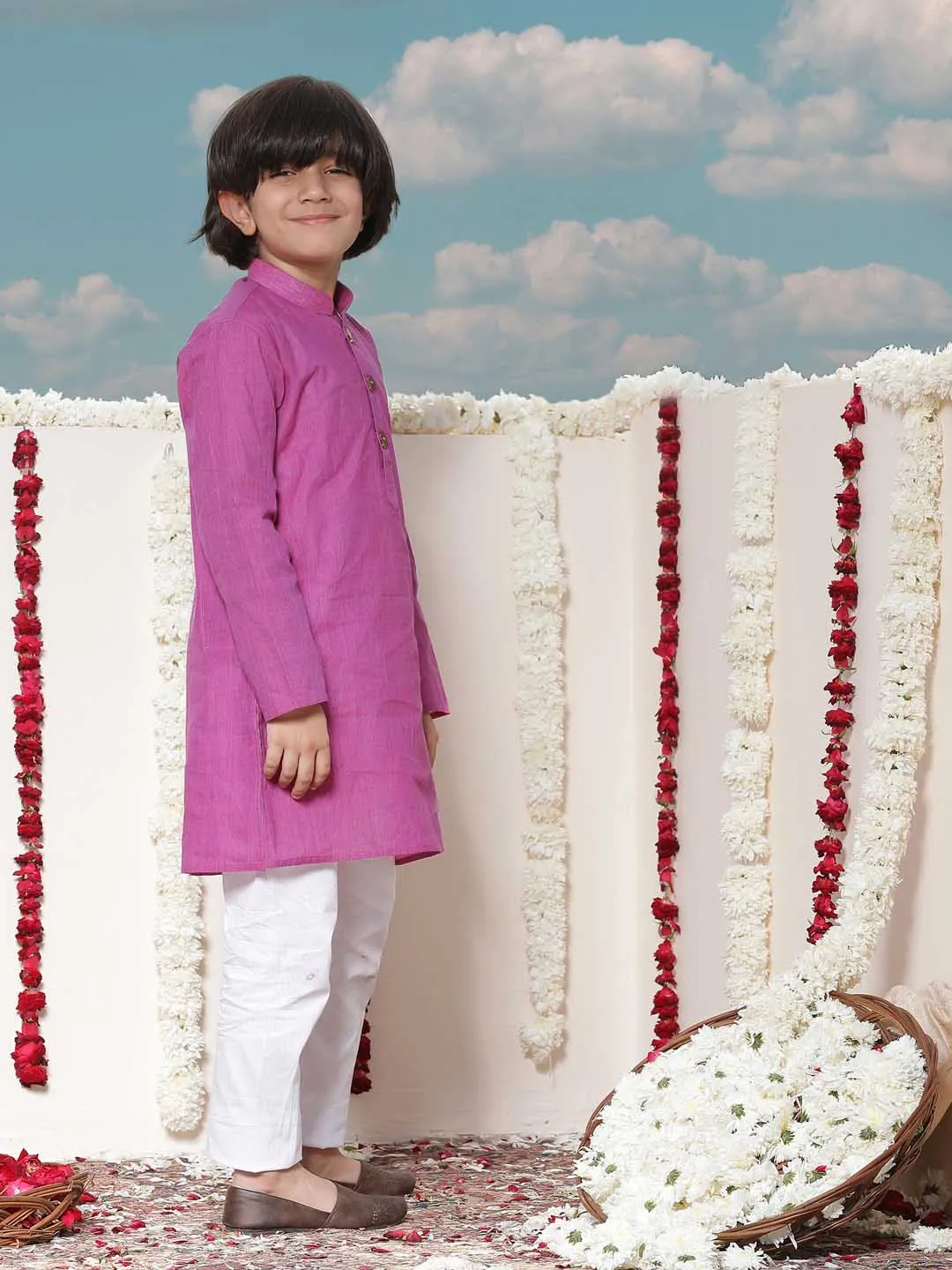 Jashvi Boy's Purple Cotton Kurta and Pyjama Set