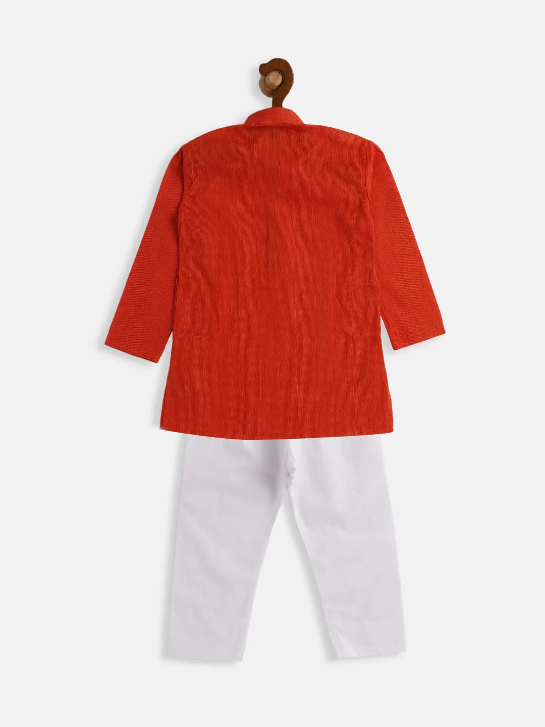 Jashvi Boys Red and White Pure Cotton Kurta Pyjama Set