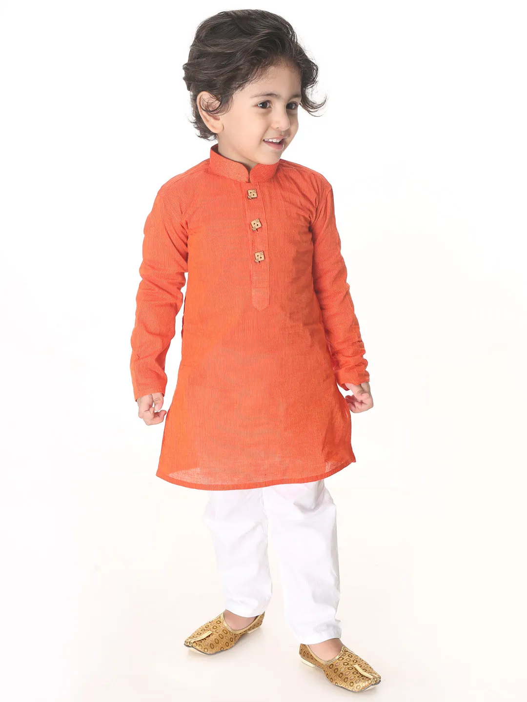 Jashvi Boys Red and White Pure Cotton Kurta Pyjama Set