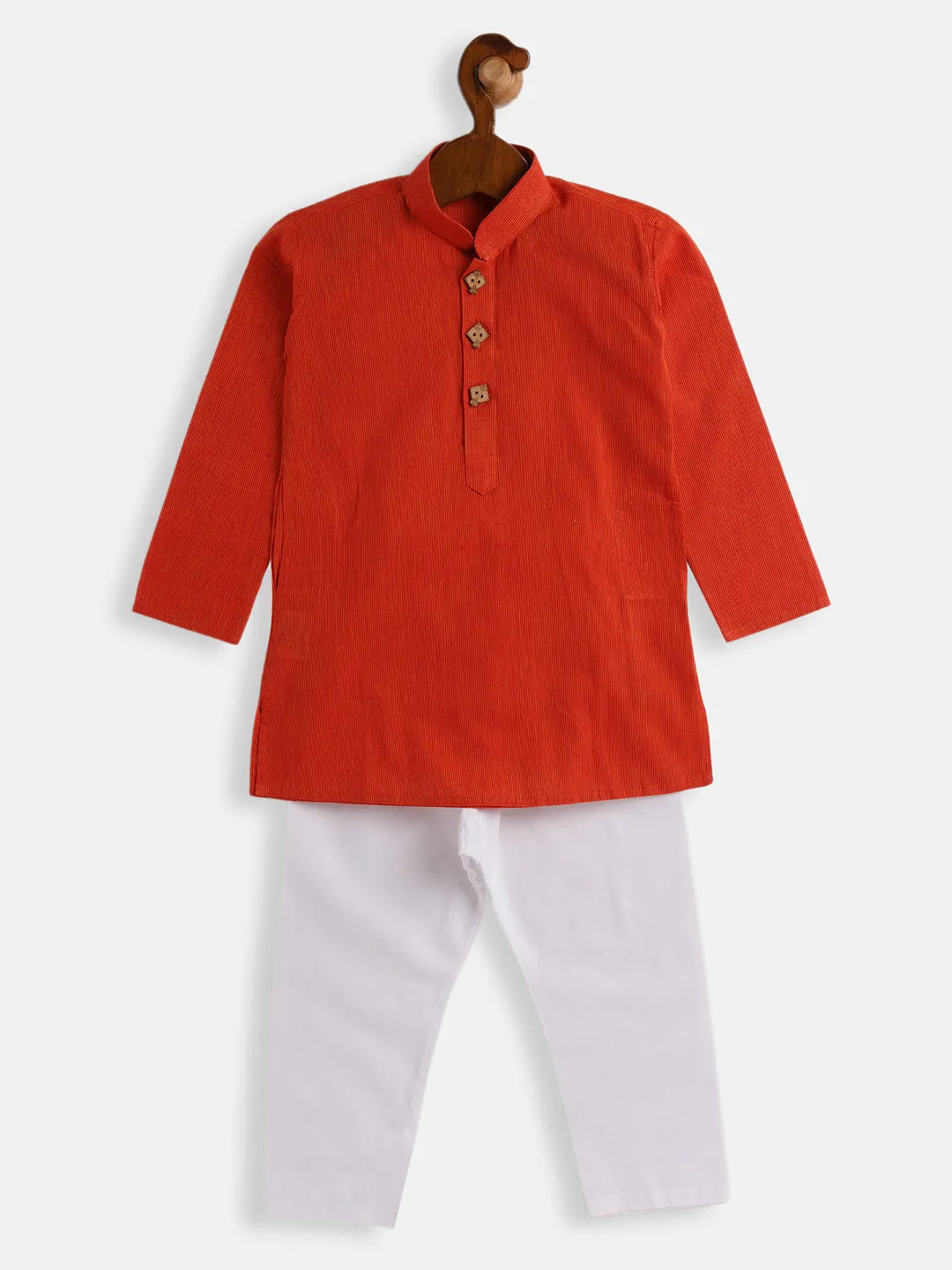 Jashvi Boys Red and White Pure Cotton Kurta Pyjama Set