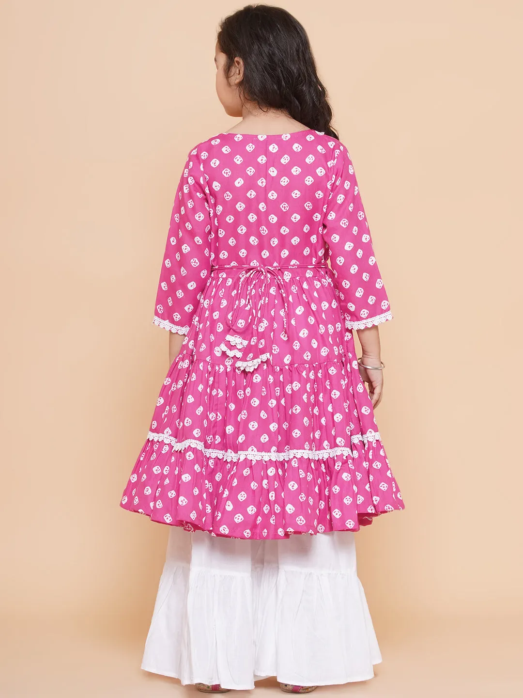 Jashvi Girls Pink Bandhani Printed With Cotton Flower Lace Kurta With Sharara