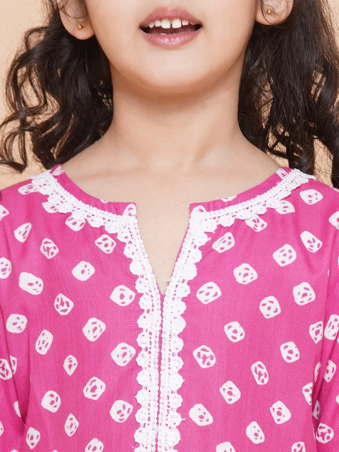 Jashvi Girls Pink Bandhani Printed With Cotton Flower Lace Kurta With Sharara