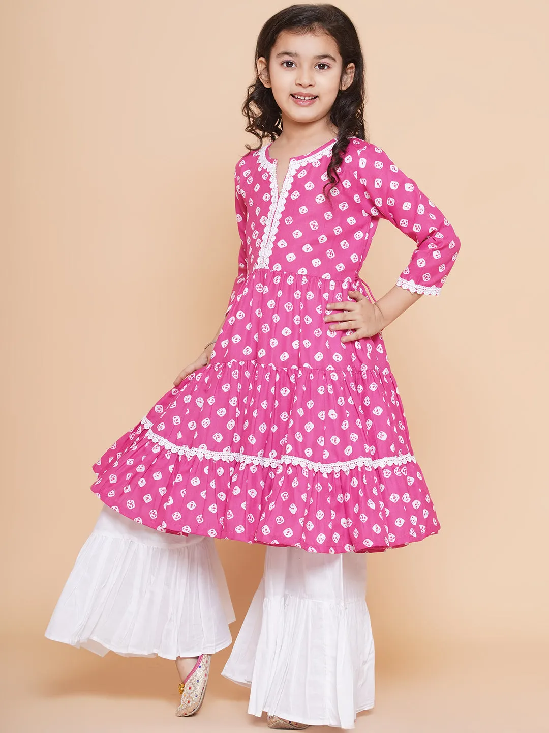 Jashvi Girls Pink Bandhani Printed With Cotton Flower Lace Kurta With Sharara