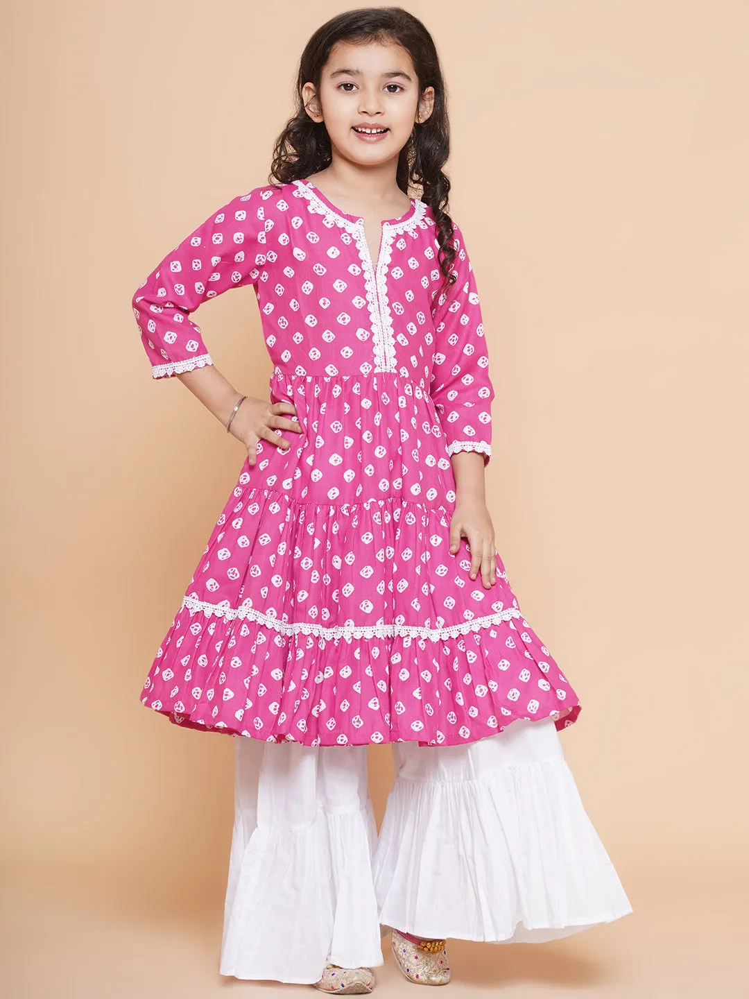 Jashvi Girls Pink Bandhani Printed With Cotton Flower Lace Kurta With Sharara